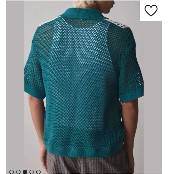 Urban Outfitters Unisex Teal & Cream Crochet Cardigan Size Medium Retro Style - Picture 4 of 14